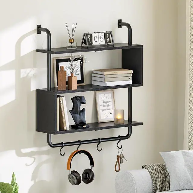 Alt view image 2 of 7 - Floating Shelves with LED Lights, 29.5" LED Wall Mounted Gaming Shelf, 3-Tier Pipe Display Rack with Hanging Rod and 4 S-Hooks, for Storage Livingroom, Bedroom, Kitchen, Black BB21DBJ01