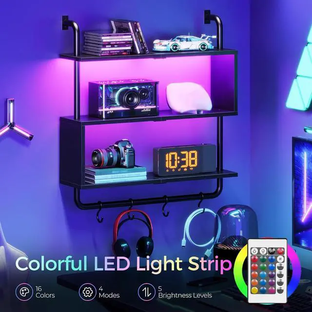 Alt view image 4 of 7 - Floating Shelves with LED Lights, 29.5" LED Wall Mounted Gaming Shelf, 3-Tier Pipe Display Rack with Hanging Rod and 4 S-Hooks, for Storage Livingroom, Bedroom, Kitchen, Black BB21DBJ01