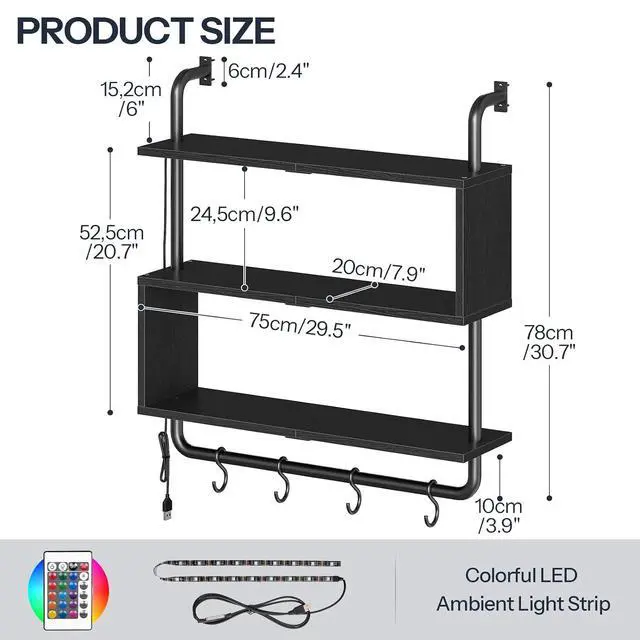 Alt view image 3 of 7 - Floating Shelves with LED Lights, 29.5" LED Wall Mounted Gaming Shelf, 3-Tier Pipe Display Rack with Hanging Rod and 4 S-Hooks, for Storage Livingroom, Bedroom, Kitchen, Black BB21DBJ01