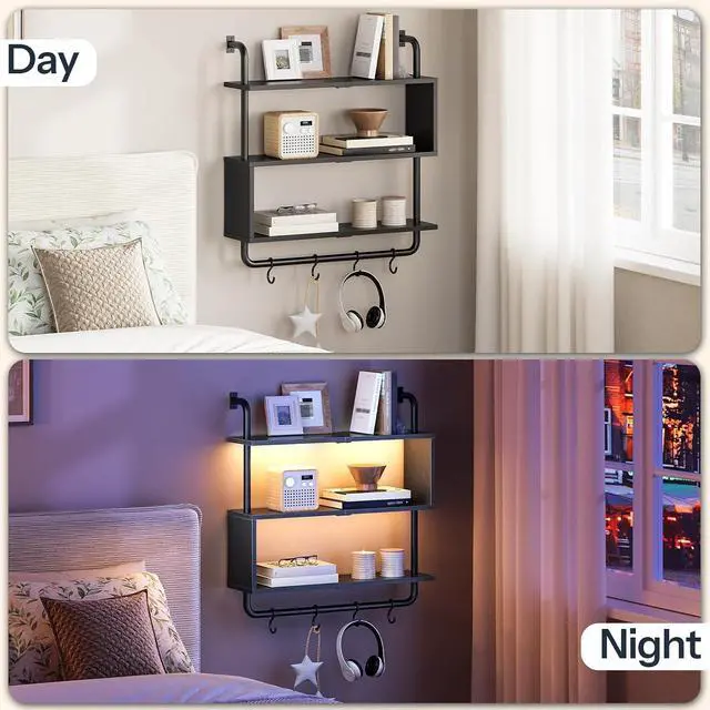 Alt view image 5 of 7 - Floating Shelves with LED Lights, 29.5" LED Wall Mounted Gaming Shelf, 3-Tier Pipe Display Rack with Hanging Rod and 4 S-Hooks, for Storage Livingroom, Bedroom, Kitchen, Black BB21DBJ01