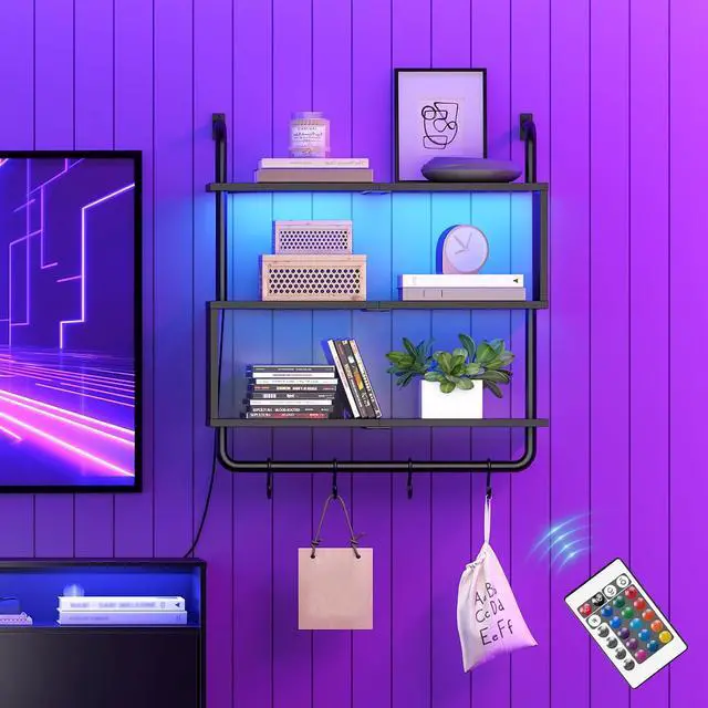 Alt view image 7 of 7 - Floating Shelves with LED Lights, 29.5" LED Wall Mounted Gaming Shelf, 3-Tier Pipe Display Rack with Hanging Rod and 4 S-Hooks, for Storage Livingroom, Bedroom, Kitchen, Black BB21DBJ01