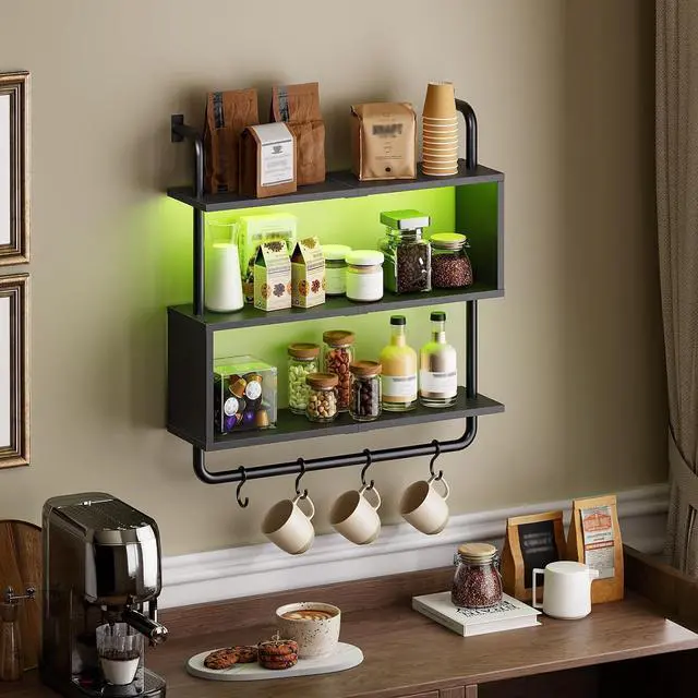 Alt view image 6 of 7 - Floating Shelves with LED Lights, 29.5" LED Wall Mounted Gaming Shelf, 3-Tier Pipe Display Rack with Hanging Rod and 4 S-Hooks, for Storage Livingroom, Bedroom, Kitchen, Black BB21DBJ01