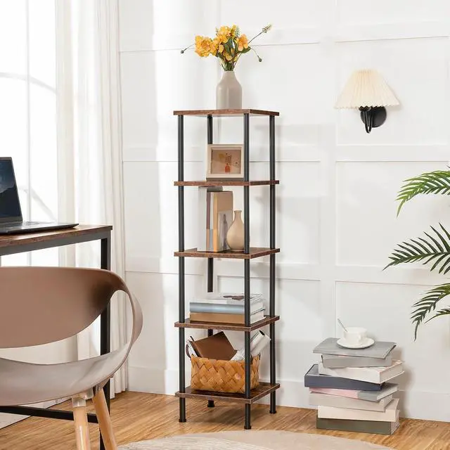 Alt view image 2 of 7 - 5-Tier Corner Shelf Stand, Corner Square Rack Display Shelf, Tall Storage Plant Stand, Bookcase for Small Spaces, Living Room, Home Office, Kitchen, Rustic Brown and Black BF50CJ01