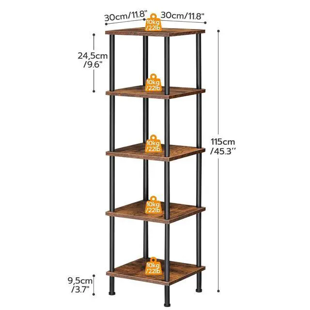 Alt view image 3 of 7 - 5-Tier Corner Shelf Stand, Corner Square Rack Display Shelf, Tall Storage Plant Stand, Bookcase for Small Spaces, Living Room, Home Office, Kitchen, Rustic Brown and Black BF50CJ01