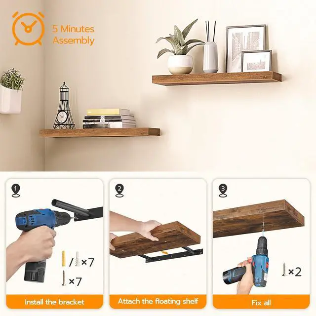 Alt view image 7 of 7 - Floating Shelves for Wall, Wall Mounted Shelf Set of 2, 39.4" Hanging Shelf with Invisible Brackets, for Wall in Bathroom, Bedroom, Toilet, Kitchen, Living Room, Rustic Brown BF100BJP201G2