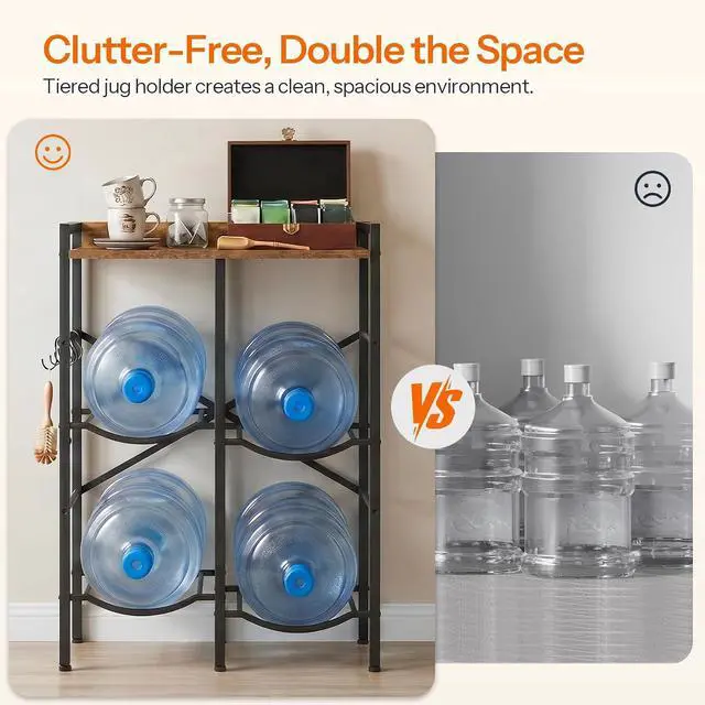Alt view image 5 of 7 - 5 Gallon Water Jug Holder 4 Bottles, Water Jug Rack, 2 Tier Water Bottle Holder with X-Shape Reinforcement, for Kitchen, Living Room, Office, Rustic Brown and Black BF04ST01
