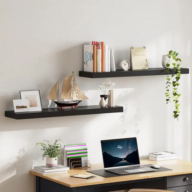 Alt view image 2 of 7 - Floating Shelves for Wall, Wall Mounted Shelf Set of 2, 39.4" Hanging Shelf with Invisible Brackets, for Wall Decor Storage in Bathroom Bedroom Kitchen Living Room Office, Black BK100BJP201