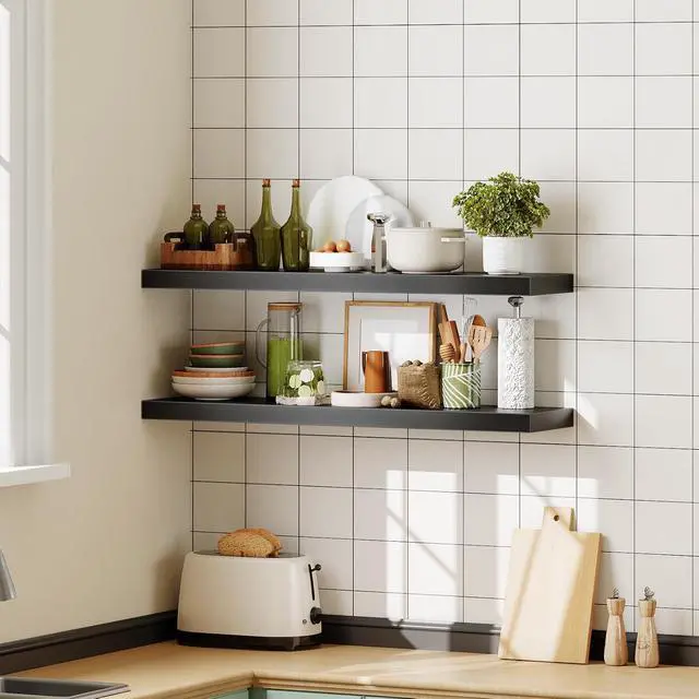 Alt view image 4 of 7 - Floating Shelves for Wall, Wall Mounted Shelf Set of 2, 39.4" Hanging Shelf with Invisible Brackets, for Wall Decor Storage in Bathroom Bedroom Kitchen Living Room Office, Black BK100BJP201