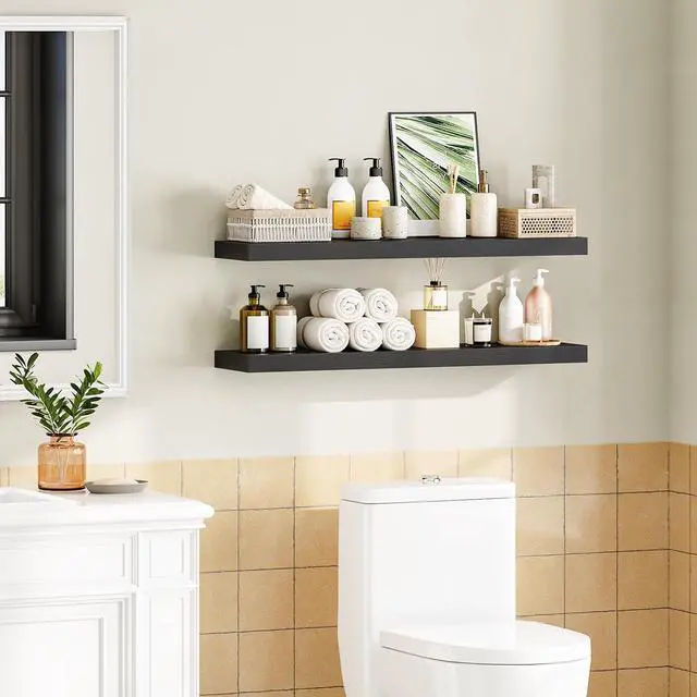 Alt view image 7 of 7 - Floating Shelves for Wall, Wall Mounted Shelf Set of 2, 39.4" Hanging Shelf with Invisible Brackets, for Wall Decor Storage in Bathroom Bedroom Kitchen Living Room Office, Black BK100BJP201