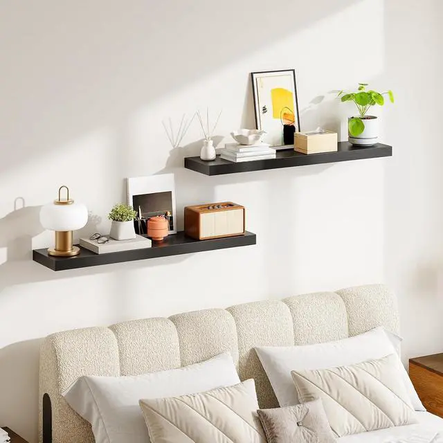 Alt view image 6 of 7 - Floating Shelves for Wall, Wall Mounted Shelf Set of 2, 39.4" Hanging Shelf with Invisible Brackets, for Wall Decor Storage in Bathroom Bedroom Kitchen Living Room Office, Black BK100BJP201