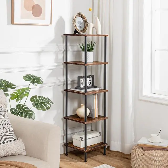Alt view image 5 of 7 - 5-Tier Corner Shelf Stand, Corner Square Rack Display Shelf, Tall Storage Plant Stand, Bookcase for Small Spaces, Living Room, Home Office, Kitchen, Rustic Brown and Black BF50CJ01