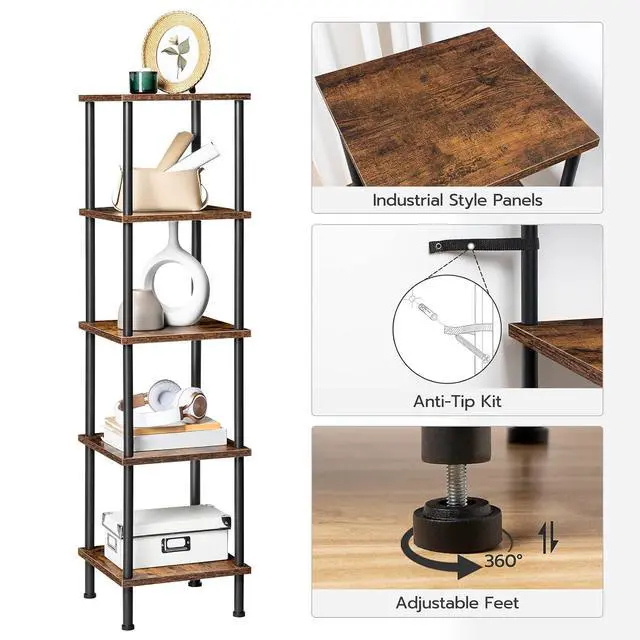 Alt view image 6 of 7 - 5-Tier Corner Shelf Stand, Corner Square Rack Display Shelf, Tall Storage Plant Stand, Bookcase for Small Spaces, Living Room, Home Office, Kitchen, Rustic Brown and Black BF50CJ01