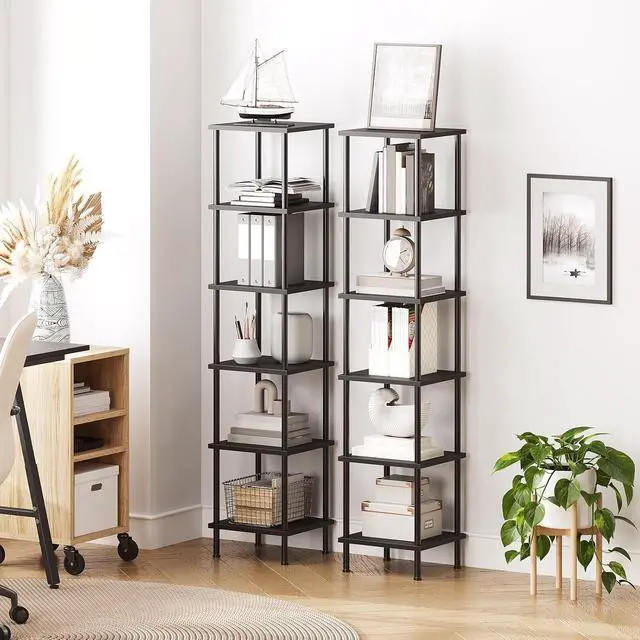 Alt view image 4 of 7 - 6-Tier Corner Shelf, Corner Square Rack Display Shelf, Tall Storage Rack Plant Stand, Bookcase for Small Spaces, Living Room, Home Office, Kitchen, Black BK55CJ01