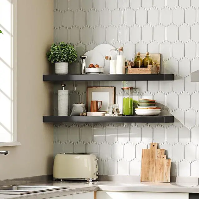 Alt view image 4 of 7 - Floating Shelves for Wall, Wall Mounted Shelf Set of 2, 31.5" Hanging Shelf with Invisible Brackets, for Wall Decor Storage in Bathroom Bedroom Kitchen Living Room Office, Black BK80BJP201