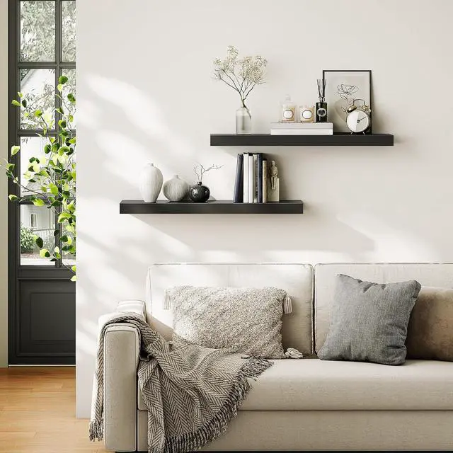 Alt view image 2 of 7 - Floating Shelves for Wall, Wall Mounted Shelf Set of 2, 31.5" Hanging Shelf with Invisible Brackets, for Wall Decor Storage in Bathroom Bedroom Kitchen Living Room Office, Black BK80BJP201
