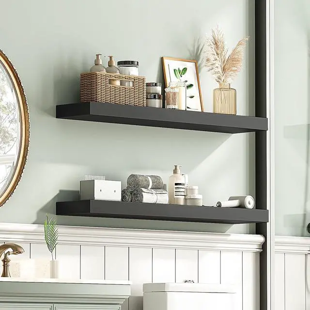 Alt view image 6 of 7 - Floating Shelves for Wall, Wall Mounted Shelf Set of 2, 31.5" Hanging Shelf with Invisible Brackets, for Wall Decor Storage in Bathroom Bedroom Kitchen Living Room Office, Black BK80BJP201