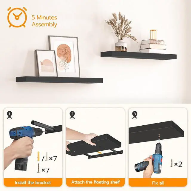 Alt view image 7 of 7 - Floating Shelves for Wall, Wall Mounted Shelf Set of 2, 31.5" Hanging Shelf with Invisible Brackets, for Wall Decor Storage in Bathroom Bedroom Kitchen Living Room Office, Black BK80BJP201