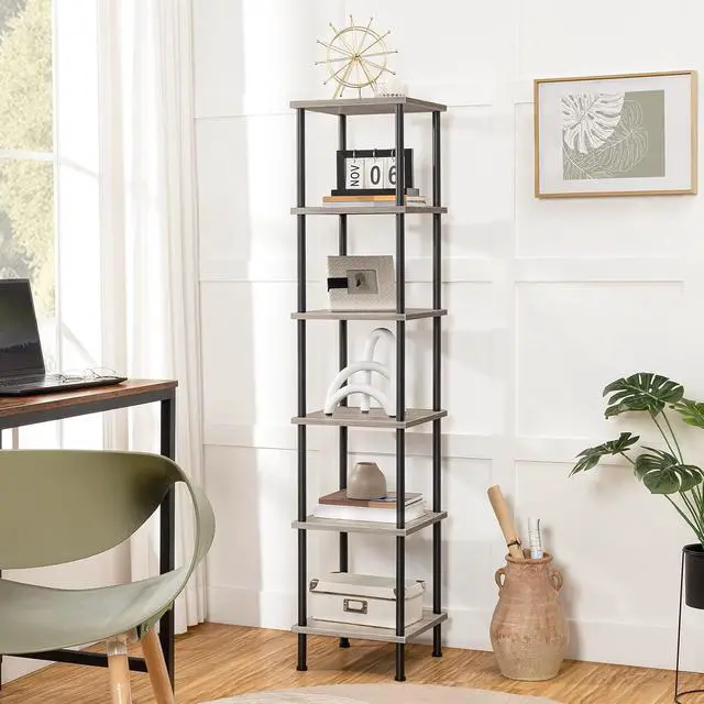Alt view image 4 of 7 - 6-Tier Corner Shelf, Corner Square Rack Display Shelf, Tall Storage Rack Plant Stand, Bookcase for Small Spaces, Living Room, Home Office, Kitchen, Greige and Black BG55CJ01