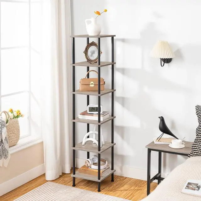 Alt view image 5 of 7 - 6-Tier Corner Shelf, Corner Square Rack Display Shelf, Tall Storage Rack Plant Stand, Bookcase for Small Spaces, Living Room, Home Office, Kitchen, Greige and Black BG55CJ01