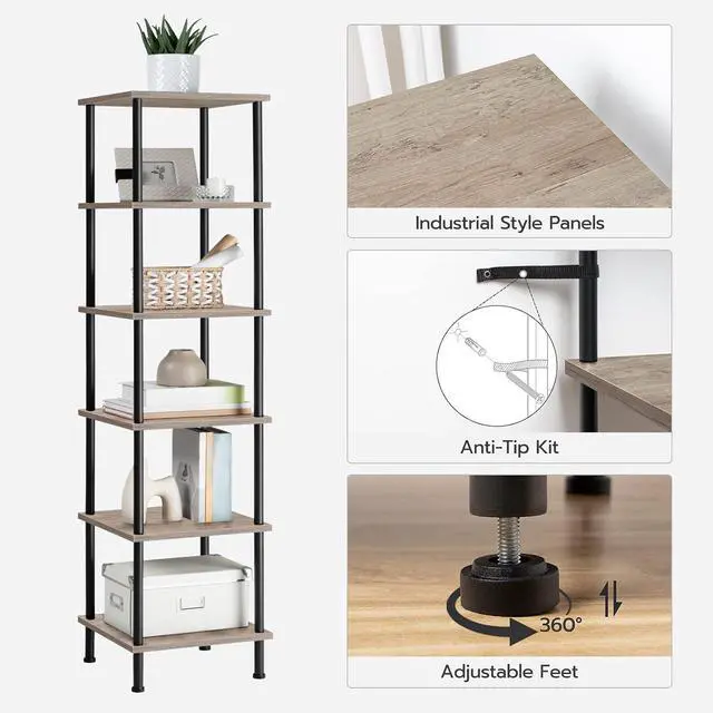 Alt view image 7 of 7 - 6-Tier Corner Shelf, Corner Square Rack Display Shelf, Tall Storage Rack Plant Stand, Bookcase for Small Spaces, Living Room, Home Office, Kitchen, Greige and Black BG55CJ01