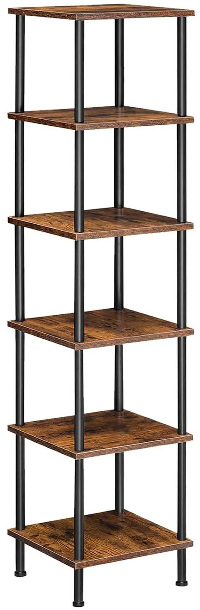 Main image of 6-Tier Corner Shelf, Corner Square Rack Display Shelf, Tall Storage Rack Plant Stand, Bookcase for Small Spaces, Living Room, Home Office, Kitchen, Rustic Brown and Black BF55CJ01