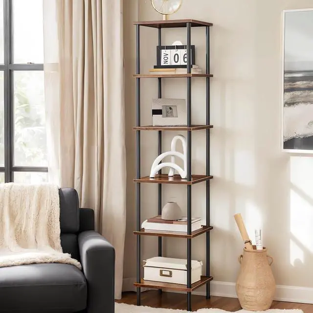 Alt view image 2 of 7 - 6-Tier Corner Shelf, Corner Square Rack Display Shelf, Tall Storage Rack Plant Stand, Bookcase for Small Spaces, Living Room, Home Office, Kitchen, Rustic Brown and Black BF55CJ01