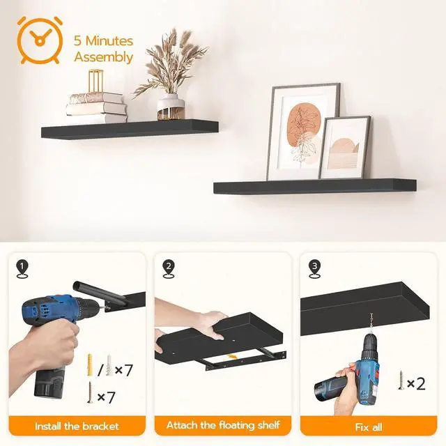 Alt view image 7 of 7 - Floating Shelves for Wall, Wall Mounted Shelf Set of 2, 23.6" Hanging Shelf with Invisible Brackets, for Wall Decor Storage in Bathroom Bedroom Kitchen Living Room Office, Black BK60BJ01