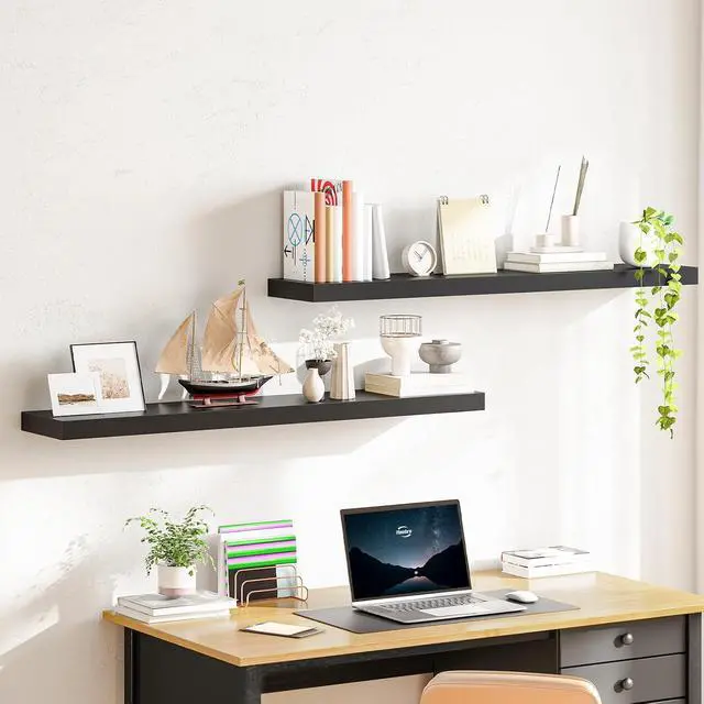 Alt view image 2 of 7 - Floating Shelves for Wall, Wall Mounted Shelf Set of 2, 47.2" Hanging Shelf with Invisible Brackets, for Wall Decor Storage in Bathroom Bedroom Kitchen Living Room Office, Black BK120BJP201