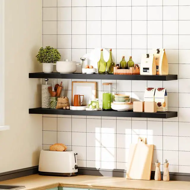 Alt view image 4 of 7 - Floating Shelves for Wall, Wall Mounted Shelf Set of 2, 47.2" Hanging Shelf with Invisible Brackets, for Wall Decor Storage in Bathroom Bedroom Kitchen Living Room Office, Black BK120BJP201