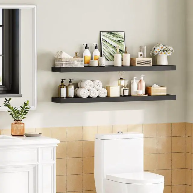 Alt view image 6 of 7 - Floating Shelves for Wall, Wall Mounted Shelf Set of 2, 47.2" Hanging Shelf with Invisible Brackets, for Wall Decor Storage in Bathroom Bedroom Kitchen Living Room Office, Black BK120BJP201