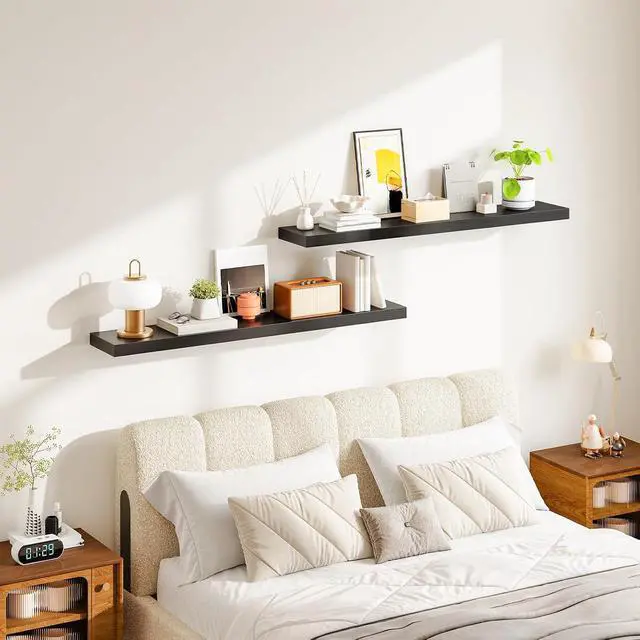 Alt view image 7 of 7 - Floating Shelves for Wall, Wall Mounted Shelf Set of 2, 47.2" Hanging Shelf with Invisible Brackets, for Wall Decor Storage in Bathroom Bedroom Kitchen Living Room Office, Black BK120BJP201