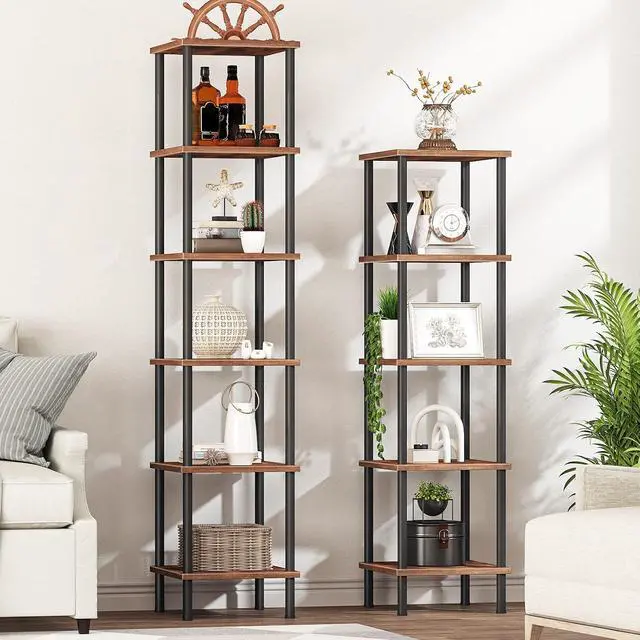 Alt view image 4 of 7 - 6-Tier Corner Shelf, Corner Square Rack Display Shelf, Tall Storage Rack Plant Stand, Bookcase for Small Spaces, Living Room, Home Office, Kitchen, Rustic Brown and Black BF55CJ01