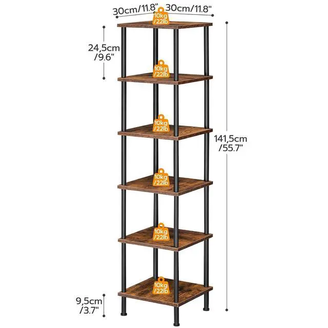 Alt view image 3 of 7 - 6-Tier Corner Shelf, Corner Square Rack Display Shelf, Tall Storage Rack Plant Stand, Bookcase for Small Spaces, Living Room, Home Office, Kitchen, Rustic Brown and Black BF55CJ01