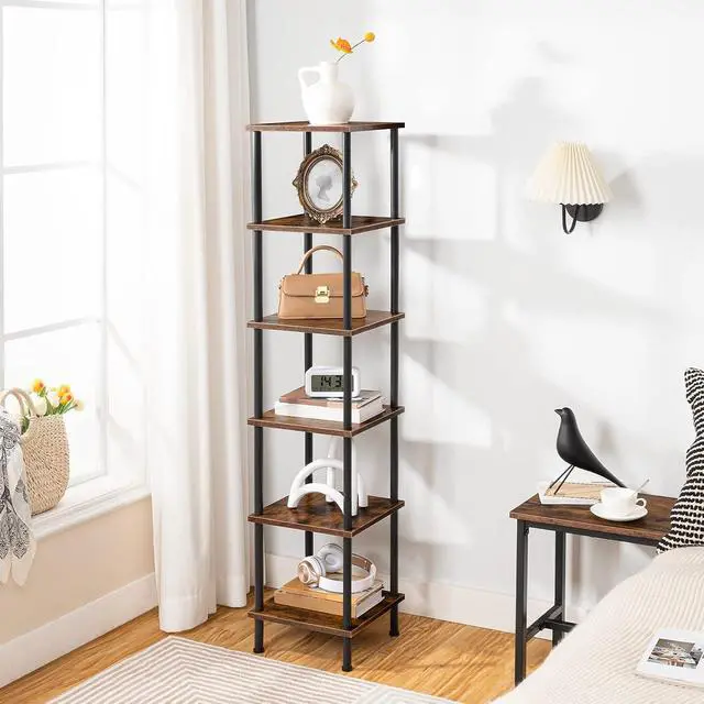 Alt view image 5 of 7 - 6-Tier Corner Shelf, Corner Square Rack Display Shelf, Tall Storage Rack Plant Stand, Bookcase for Small Spaces, Living Room, Home Office, Kitchen, Rustic Brown and Black BF55CJ01