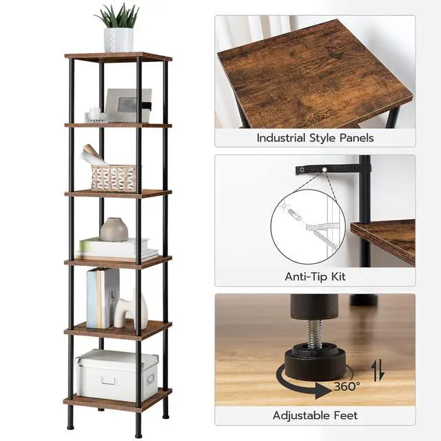 Alt view image 6 of 7 - 6-Tier Corner Shelf, Corner Square Rack Display Shelf, Tall Storage Rack Plant Stand, Bookcase for Small Spaces, Living Room, Home Office, Kitchen, Rustic Brown and Black BF55CJ01