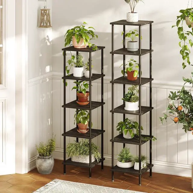 Alt view image 4 of 7 - 5-Tier Corner Shelf Stand, Corner Square Rack Display Shelf, Tall Storage Rack Plant Stand, Corner Bookcase for Small Spaces, Living Room, Home Office, Kitchen, Black BK50CJ01