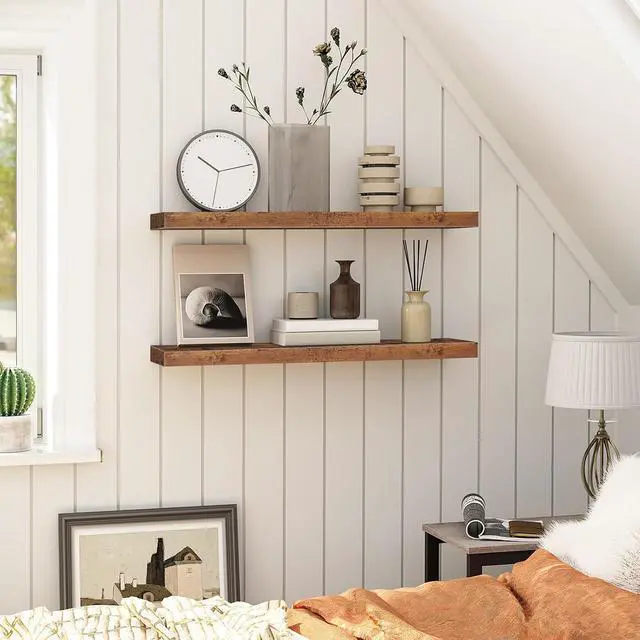 Alt view image 4 of 7 - Floating Shelves for Wall, Wall Mounted Shelf Set of 2, 31.5" Hanging Shelf with Invisible Brackets, for Wall Storage in Bathroom Bedroom Kitchen Living Room Office, Rustic Brown BF80BJP201