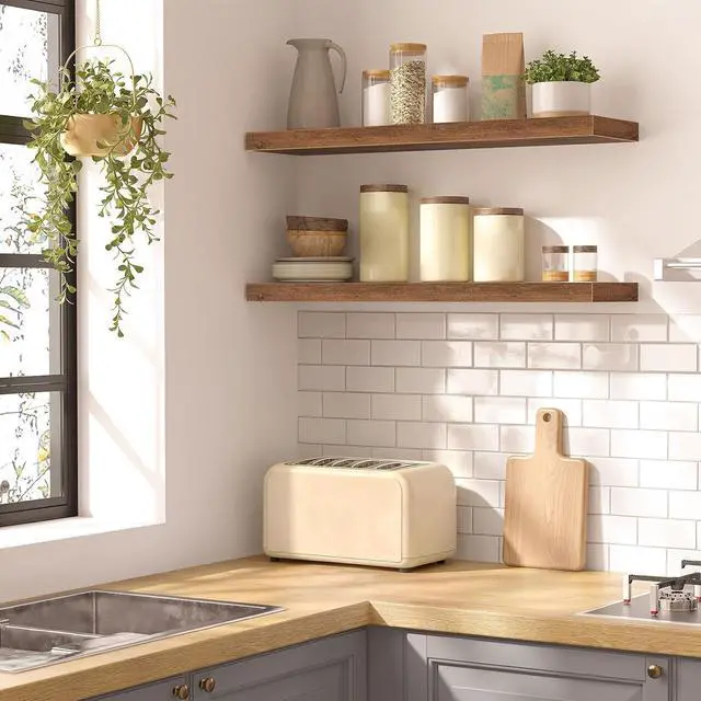 Alt view image 7 of 7 - Floating Shelves for Wall, Wall Mounted Shelf Set of 2, 31.5" Hanging Shelf with Invisible Brackets, for Wall Storage in Bathroom Bedroom Kitchen Living Room Office, Rustic Brown BF80BJP201