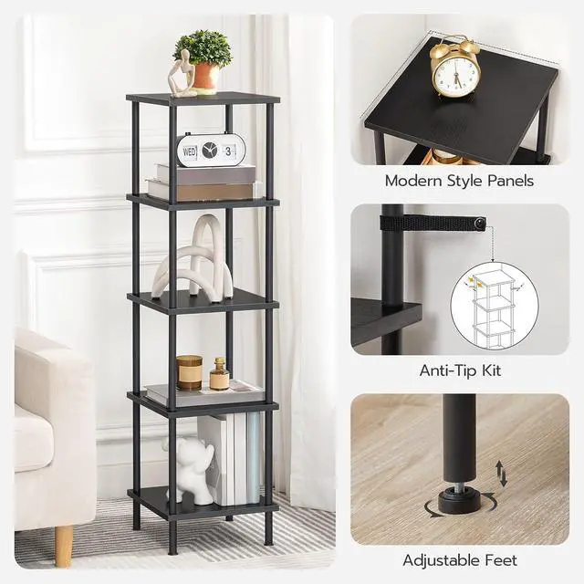 Alt view image 6 of 7 - 5-Tier Corner Shelf Stand, Corner Square Rack Display Shelf, Tall Storage Rack Plant Stand, Corner Bookcase for Small Spaces, Living Room, Home Office, Kitchen, Black BK50CJ01