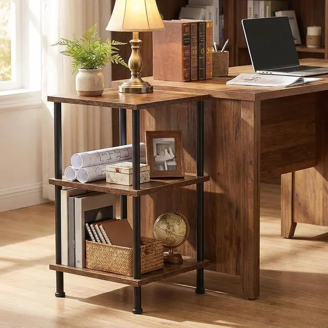Alt view image 2 of 7 - 3-Tier Corner Shelf Stand, Corner Square Rack Display Shelf, Tall Storage Plant Stand, Bookcase for Small Spaces, Living Room, Home Office, Kitchen, Rustic Brown and Black BF153CJ01