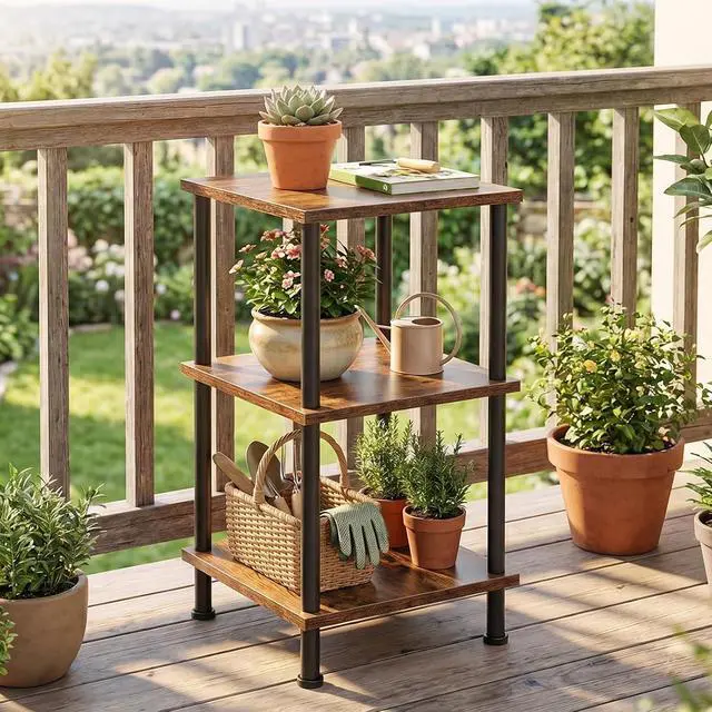 Alt view image 4 of 7 - 3-Tier Corner Shelf Stand, Corner Square Rack Display Shelf, Tall Storage Plant Stand, Bookcase for Small Spaces, Living Room, Home Office, Kitchen, Rustic Brown and Black BF153CJ01