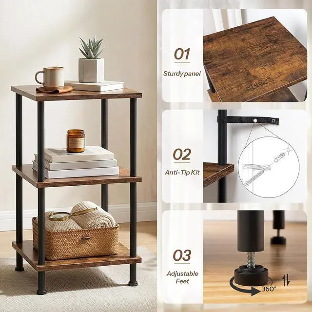 Alt view image 6 of 7 - 3-Tier Corner Shelf Stand, Corner Square Rack Display Shelf, Tall Storage Plant Stand, Bookcase for Small Spaces, Living Room, Home Office, Kitchen, Rustic Brown and Black BF153CJ01