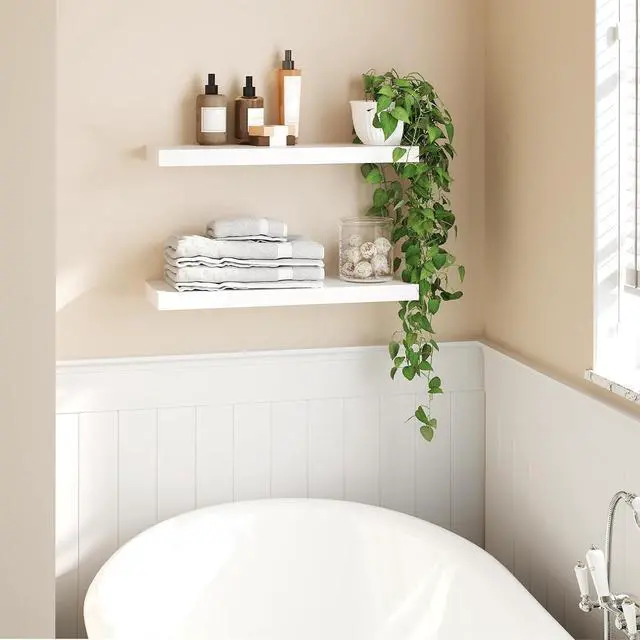 Alt view image 6 of 7 - Floating Shelves for Wall, Wall Mounted Shelf Set of 2, 23.6" Hanging Shelf with Invisible Brackets, for Wall Decor Storage in Bathroom Bedroom Kitchen Living Room Office, White WT60BJ01