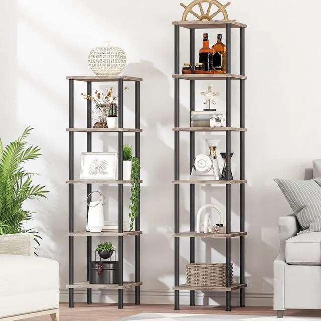Alt view image 2 of 7 - 6-Tier Corner Shelf, Corner Square Rack Display Shelf, Tall Storage Rack Plant Stand, Bookcase for Small Spaces, Living Room, Home Office, Kitchen, Greige and Black BG55CJ01