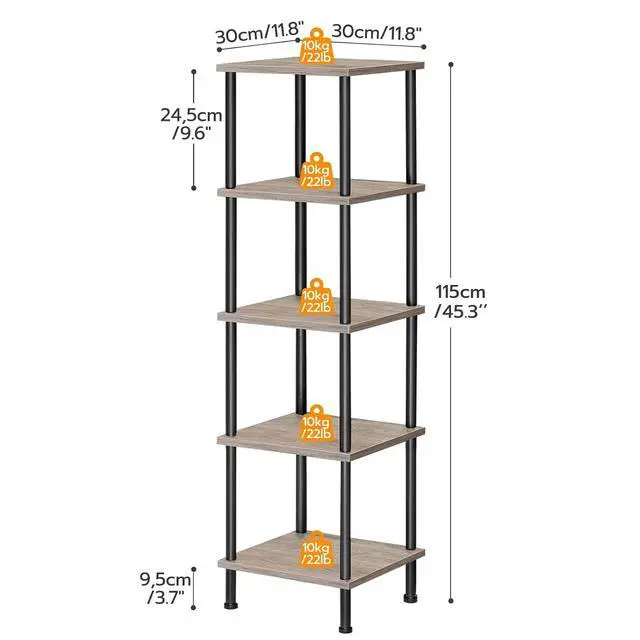 Alt view image 3 of 7 - 5-Tier Corner Shelf Stand, Corner Square Rack Display Shelf, Tall Storage Rack Plant Stand, Bookcase for Small Spaces, Living Room, Home Office, Kitchen, Greige and Black BG50CJ01