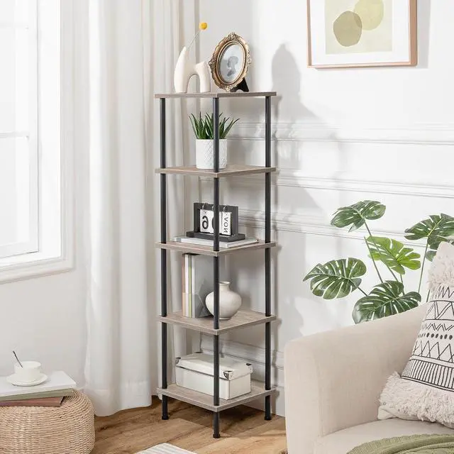 Alt view image 4 of 7 - 5-Tier Corner Shelf Stand, Corner Square Rack Display Shelf, Tall Storage Rack Plant Stand, Bookcase for Small Spaces, Living Room, Home Office, Kitchen, Greige and Black BG50CJ01