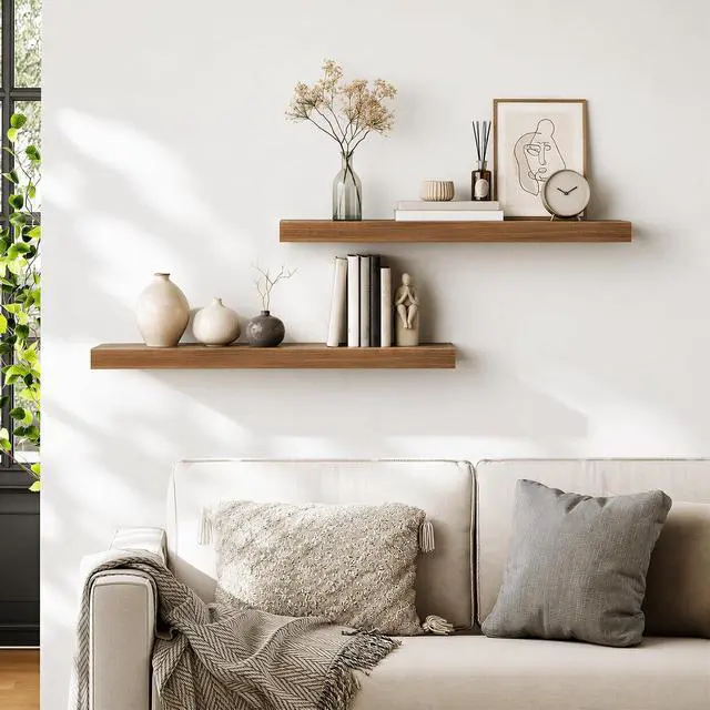 Alt view image 2 of 7 - 31.5" Floating Shelves for Wall, Set of 2 Wall Mounted Shelf | Hanging Shelf with Invisible Brackets, for Wall Decor Storage in Bathroom Bedroom Kitchen Living Room Office, Walnut
