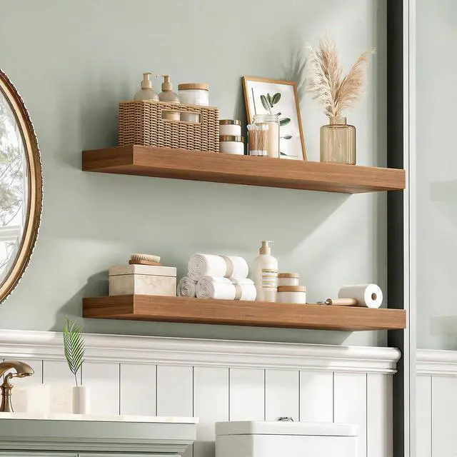 Alt view image 7 of 7 - 31.5" Floating Shelves for Wall, Set of 2 Wall Mounted Shelf | Hanging Shelf with Invisible Brackets, for Wall Decor Storage in Bathroom Bedroom Kitchen Living Room Office, Walnut
