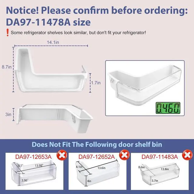 Alt view image 2 of 7 - DA97-11478A Refrigerator Door Bin Compatible with Samsung Refrigerator Left Middle Door Shelf Bin RFG298HDRS, RFG296HDBP, RFG296HDPN, RFG296HDRS etc, Replace DA63-06471A, AP5332064 Door Shelf Bin