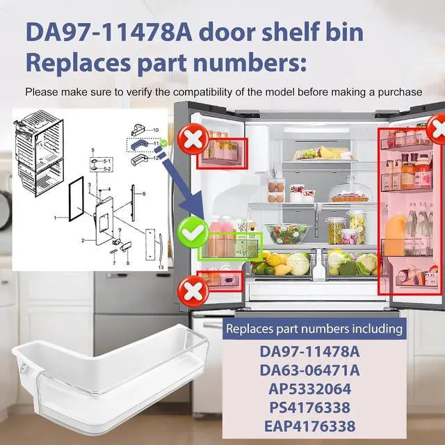 Alt view image 3 of 7 - DA97-11478A Refrigerator Door Bin Compatible with Samsung Refrigerator Left Middle Door Shelf Bin RFG298HDRS, RFG296HDBP, RFG296HDPN, RFG296HDRS etc, Replace DA63-06471A, AP5332064 Door Shelf Bin